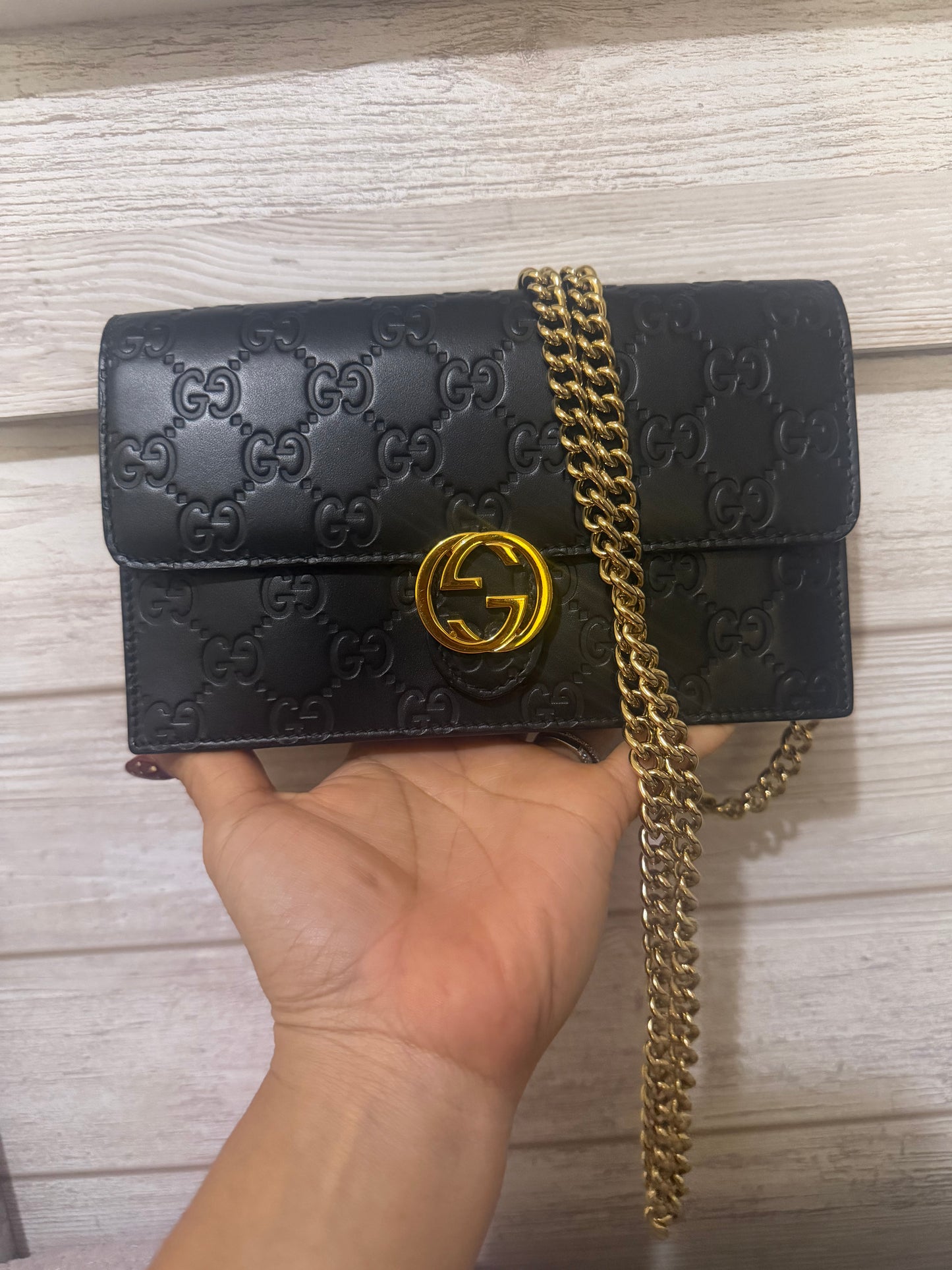 Gucci Guccissima Black leather wallet on a chain