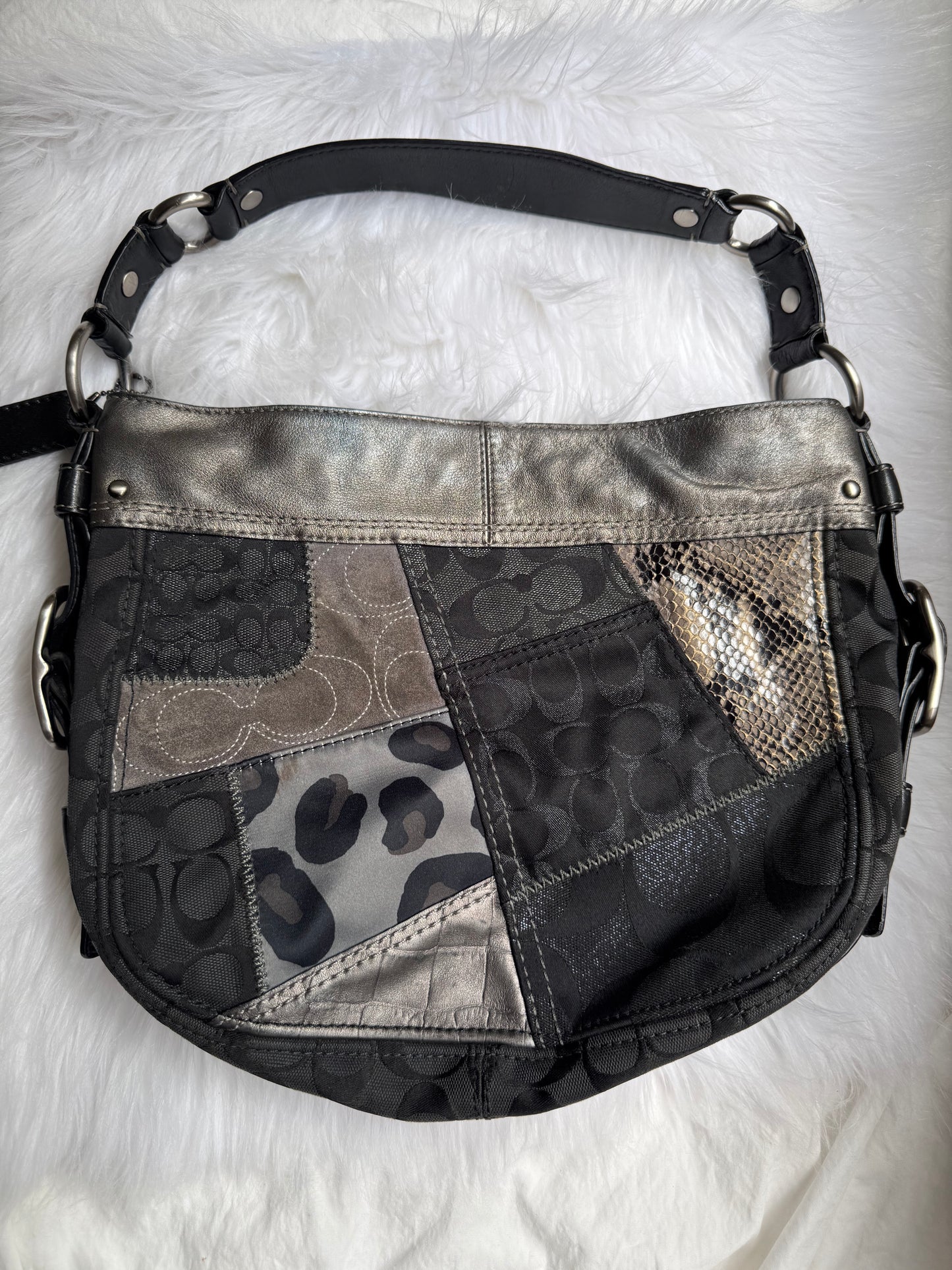 Coach Zoe Black Grey Silver Patchwork