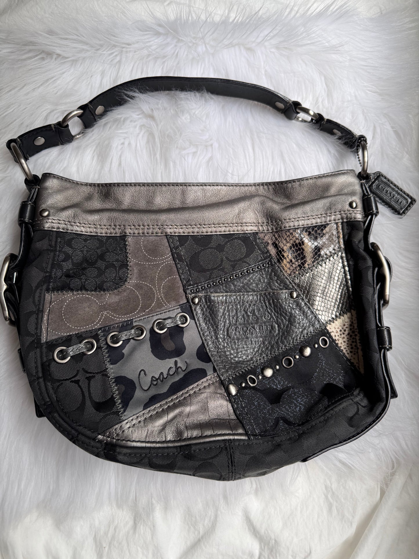 Coach Zoe Black Grey Silver Patchwork